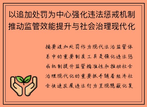 以追加处罚为中心强化违法惩戒机制推动监管效能提升与社会治理现代化融合发展